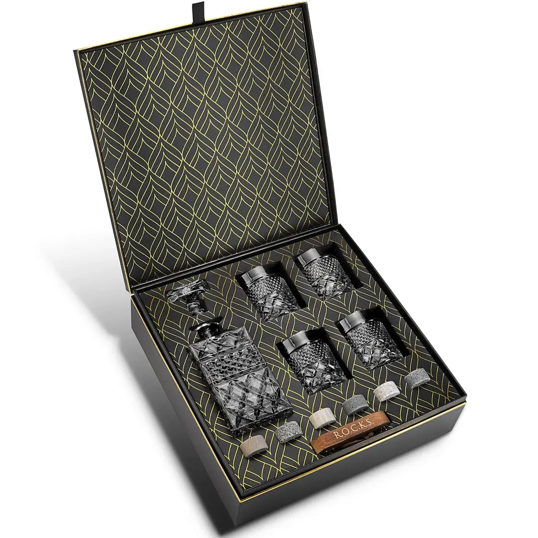 Edler Whiskey Dekanter mit Gläser und Kühlsteinen Geschenkset von ROCKS Whiskey Chilling Stones