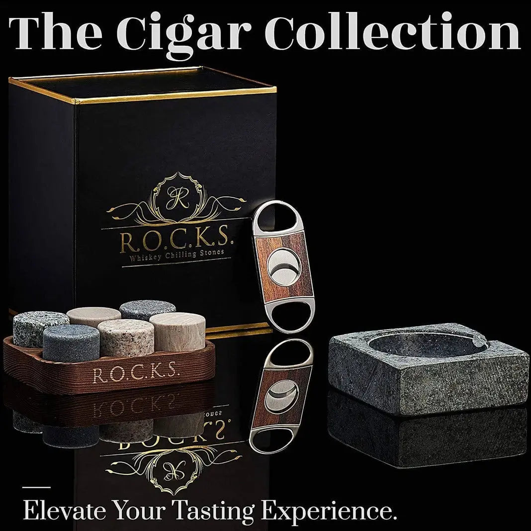 Geschenkset Zigarrenschneider mit Kühlsteinen und Aschenbecher von ROCKS Whiskey Chilling Stones