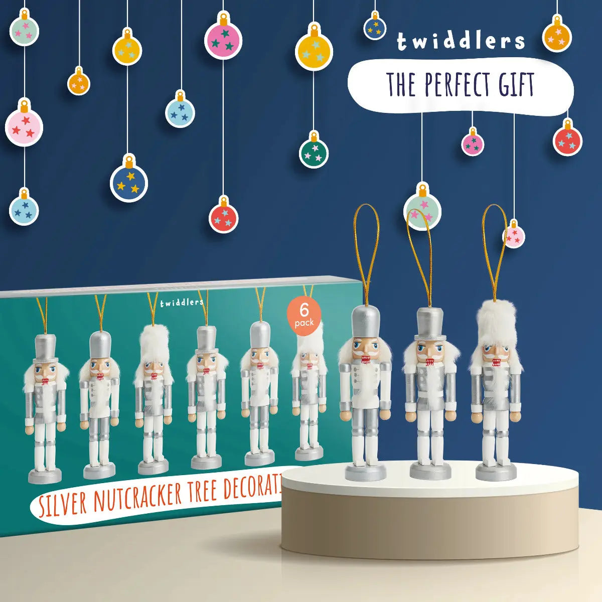 Weihnachts-Nussknacker Soldat Ornament Silber 6 Stück von Twiddlers