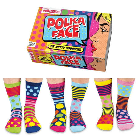 Einzelne Socken im 6er Pack, POLKA FACE Bunte Punkte und Streifen, Gr. 37-42, mit Geschenkbox von United Oddsocks