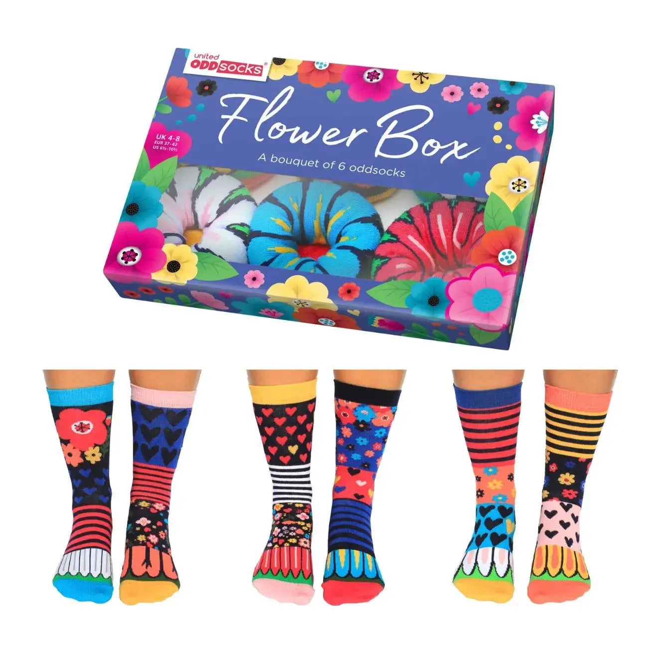 Einzelne Socken im 6er Pack, FLOWER BOX Bunte Blumen, Gr. 37-42, mit Geschenkbox von guteszeug.ch