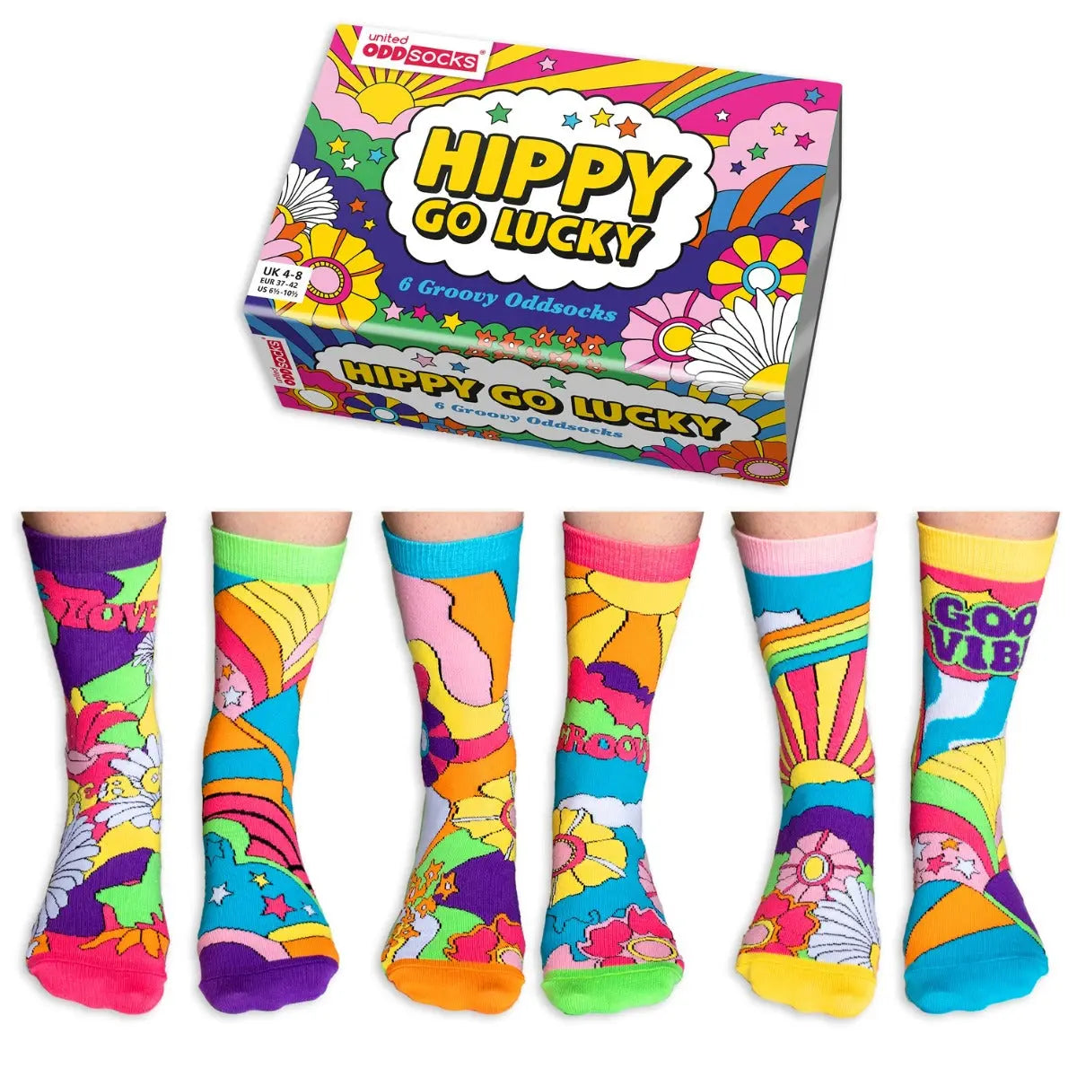 Einzelne Socken im 6er Pack, HIPPY GO LUCKY Bunt Groovy, Gr. 37-42, mit Geschenkbox von guteszeug.ch