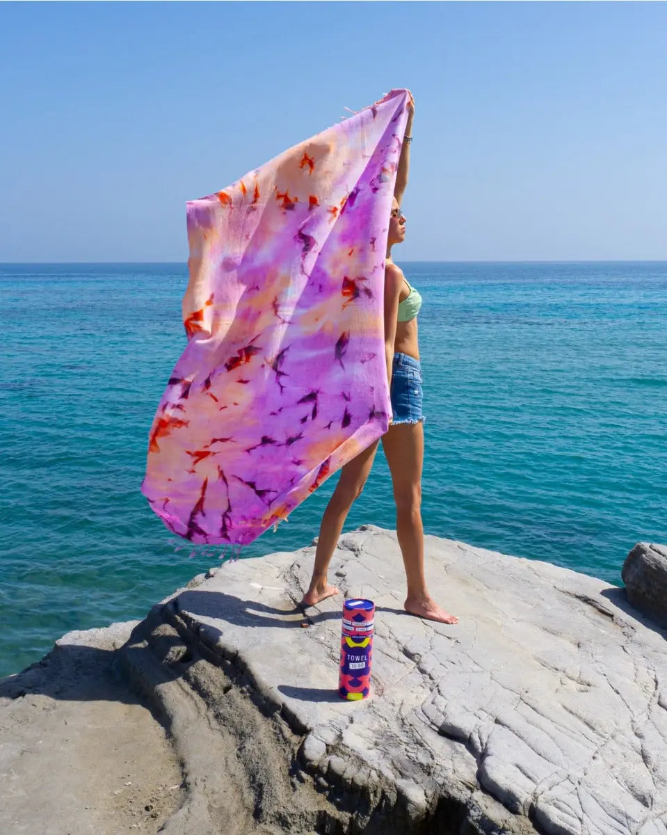 Tie Dye Strandtuch Baumwolle Hamamtuch 180x100cm Batik Lila-Orange von guteszeug.ch