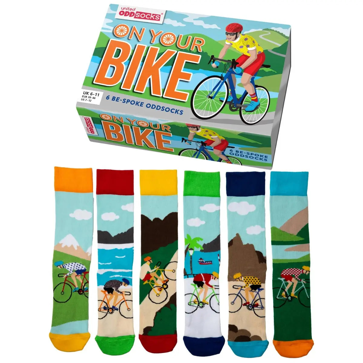 Einzelne Socken im 6er Pack, ON YOU BIKE Bunte Fahrräder, Gr. 39-46, mit Geschenkbox von guteszeug.ch