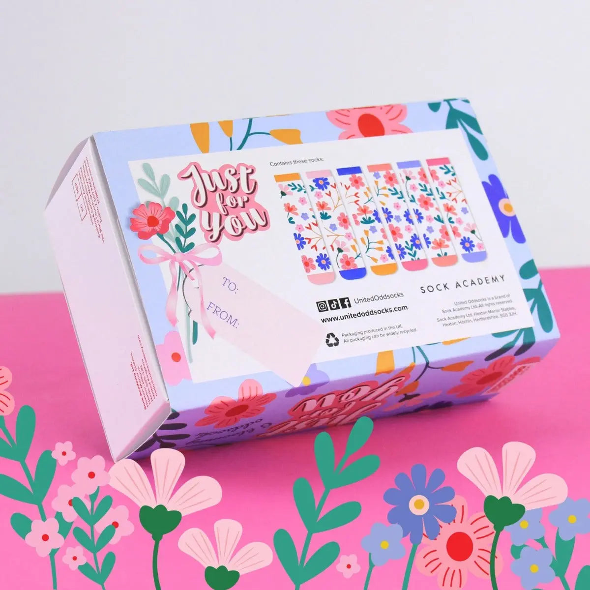 Einzelne Socken im 6er Pack, JUST FOR YOU Bunte Blumen, Gr. 37-42, mit Geschenkbox von United Oddsocks