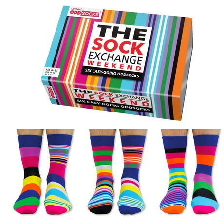 Einzelne Socken im 6er Pack, THE SOCK EXCHANGE Bunte Streifen, Gr. 39-46, mit Geschenkbox von United Oddsocks
