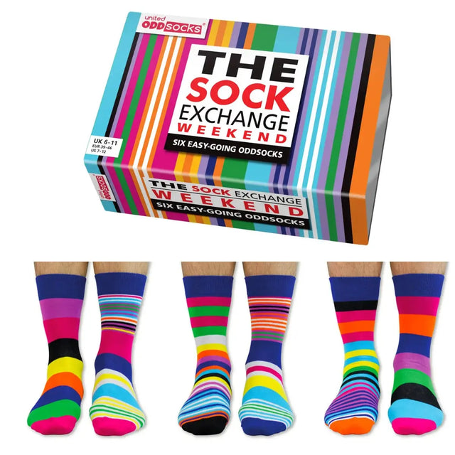 Einzelne Socken im 6er Pack, THE SOCK EXCHANGE Bunte Streifen, Gr. 39-46, mit Geschenkbox von United Oddsocks