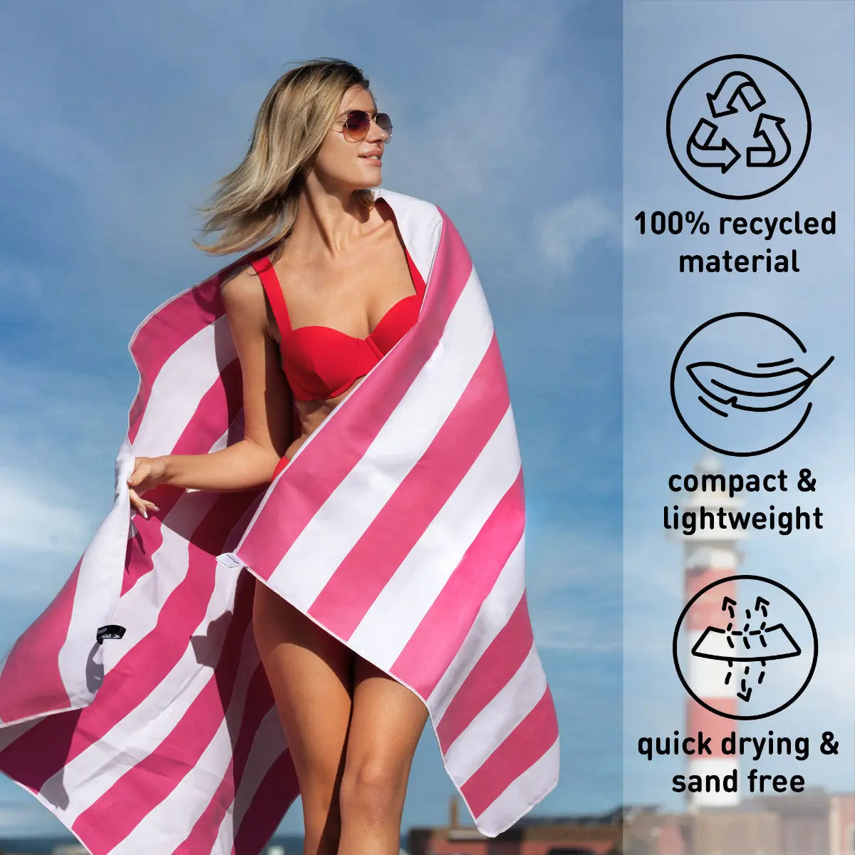 Strandtuch XXL Mikrofaser schnelltrocknendes Badetuch 200x90cm Pink - Weiss von Fit-Flip