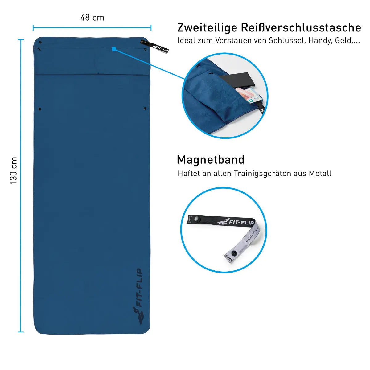Fitnesshandtuch Mikrofaser mit Reissverschlusstasche 130x48cm Marineblau von Fit-Flip