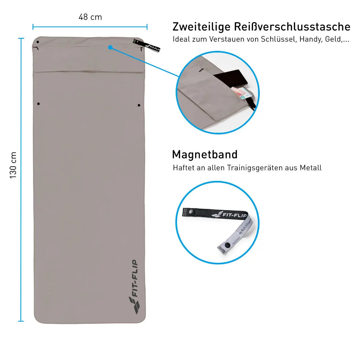 Fitnesshandtuch Mikrofaser mit Reissverschlusstasche 130x48cm Grau von Fit-Flip