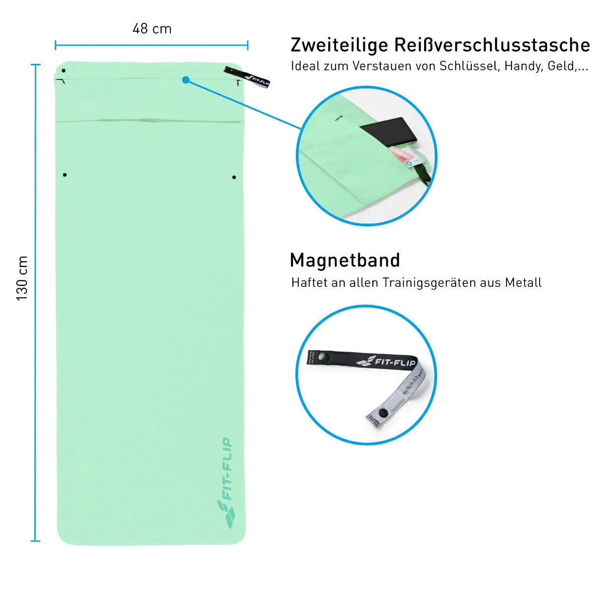 Fitnesshandtuch Mikrofaser mit Reissverschlusstasche 130x48cm Türkis von Fit-Flip