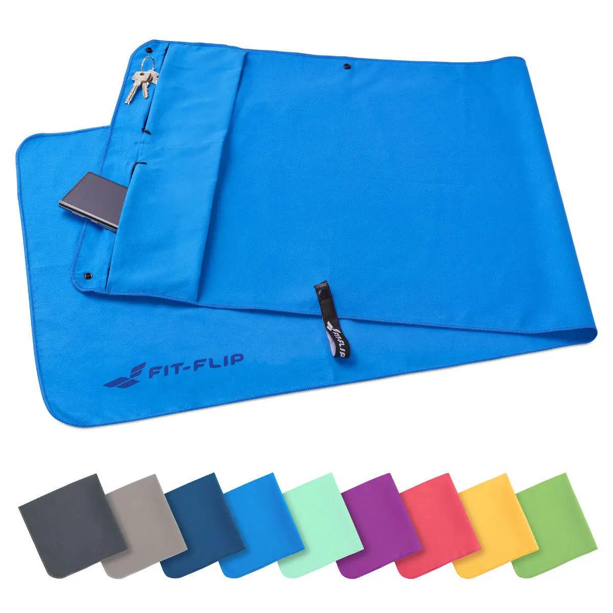 Fitnesshandtuch Mikrofaser mit Reissverschlusstasche 130x48cm Blau von Fit-Flip