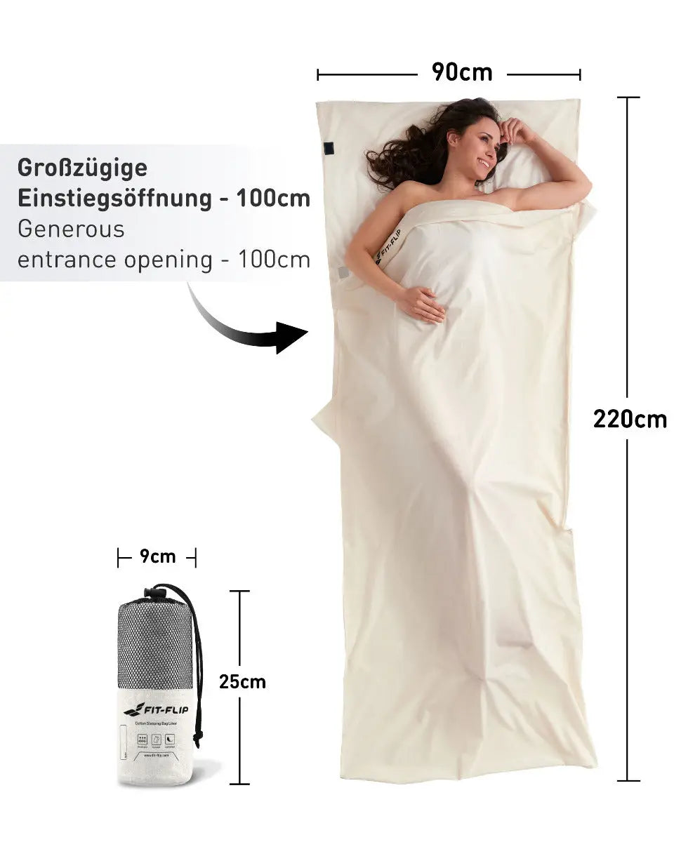 Hüttenschlafsack Baumwolle ultraleicht mit Kissenfach 90x220cm Weiss von Fit-Flip