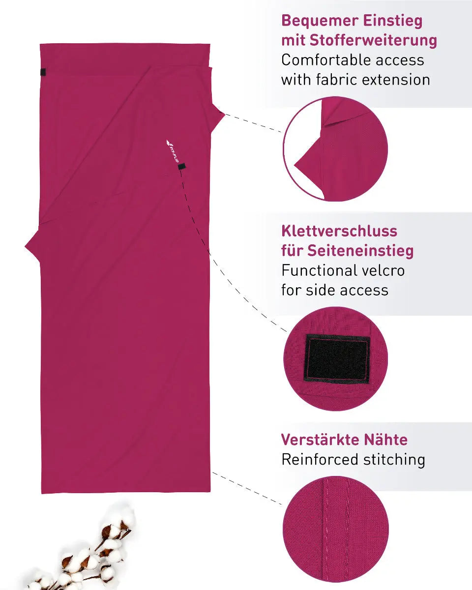 Hüttenschlafsack Baumwolle ultraleicht mit Kissenfach 90x220cm beere von Fit-Flip