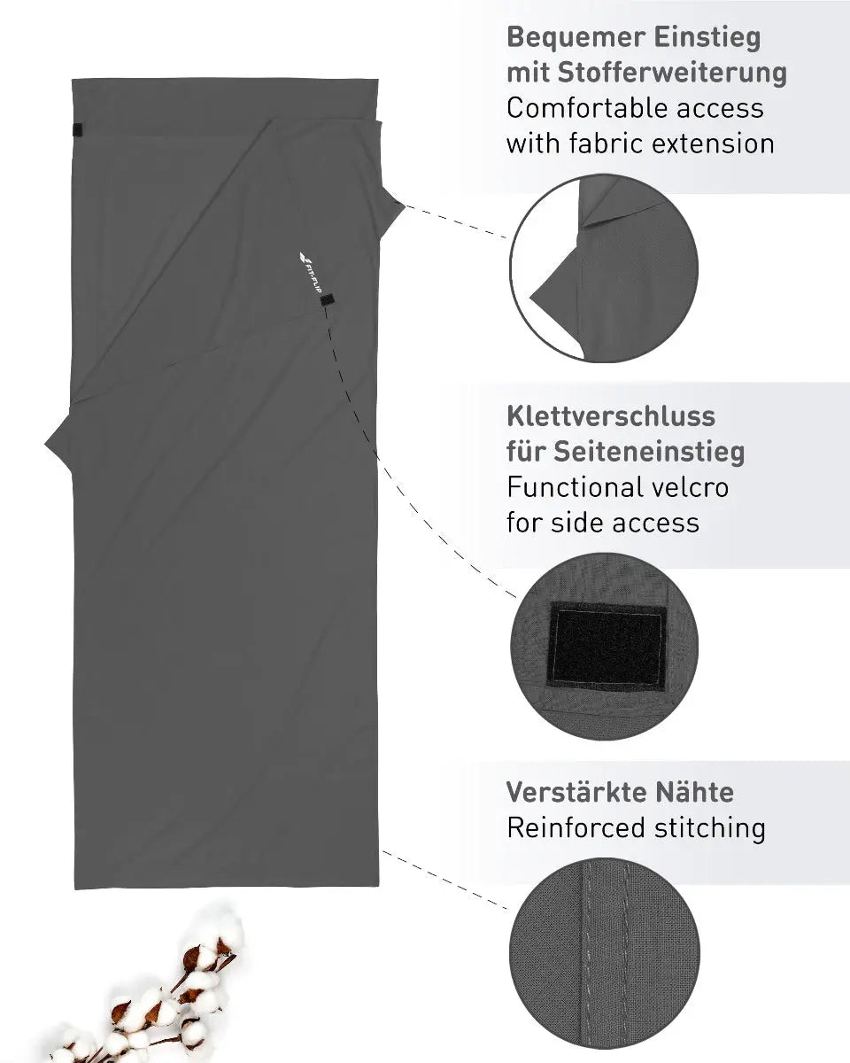 Hüttenschlafsack Baumwolle ultraleicht mit Kissenfach 90x220cm dunkelgrau von Fit-Flip