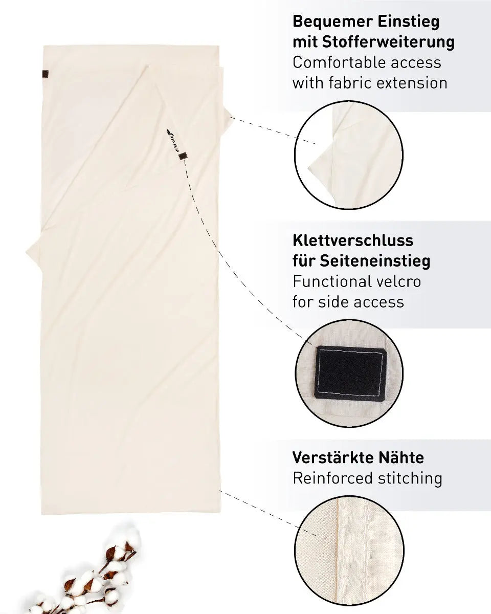 Hüttenschlafsack Baumwolle ultraleicht mit Kissenfach 90x220cm Weiss von Fit-Flip