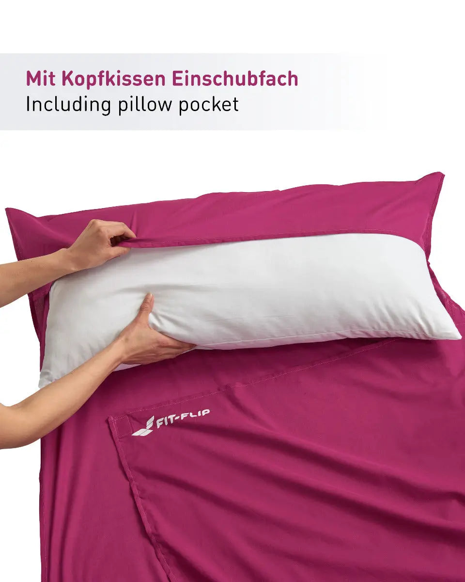Hüttenschlafsack Baumwolle ultraleicht mit Kissenfach 90x220cm beere von Fit-Flip