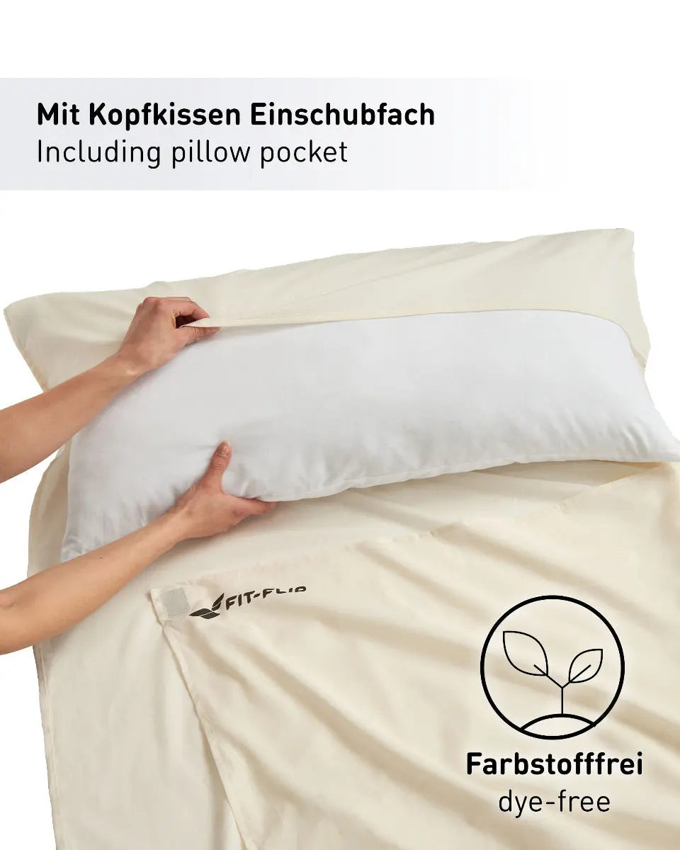 Hüttenschlafsack Baumwolle ultraleicht mit Kissenfach 90x220cm Weiss von Fit-Flip