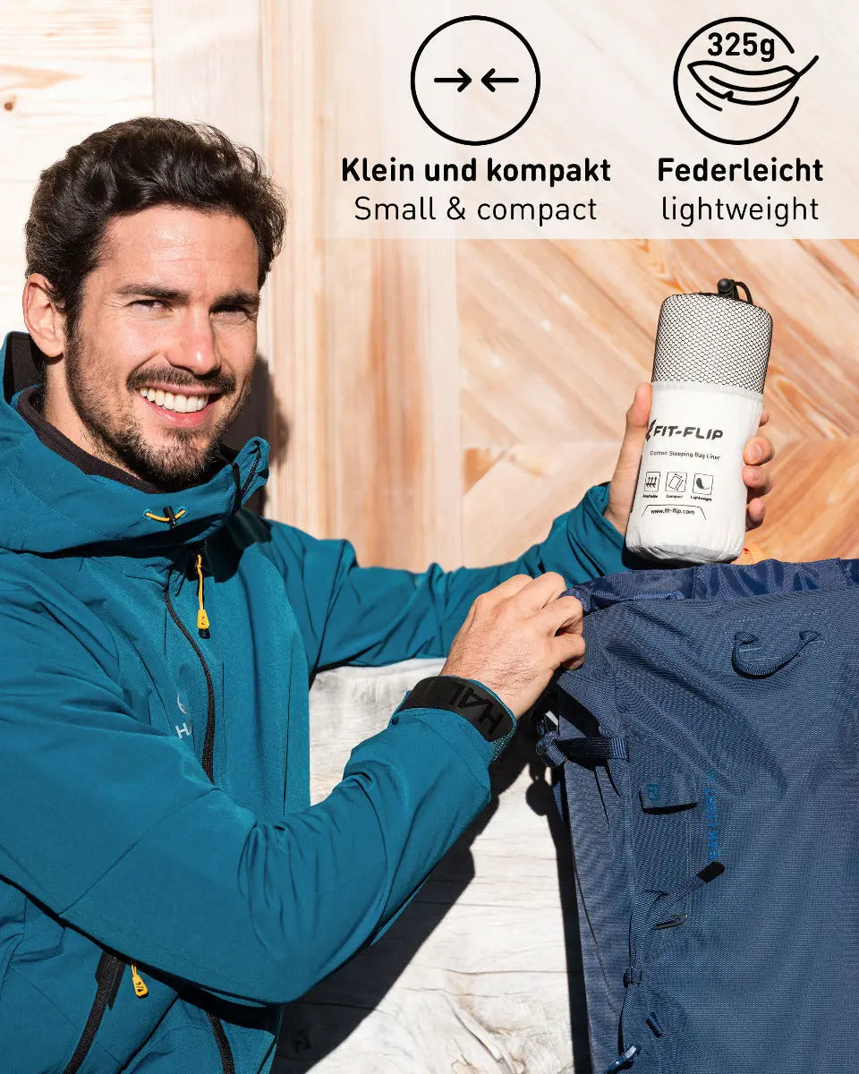 Hüttenschlafsack Baumwolle ultraleicht mit Kissenfach 90x220cm Weiss von Fit-Flip