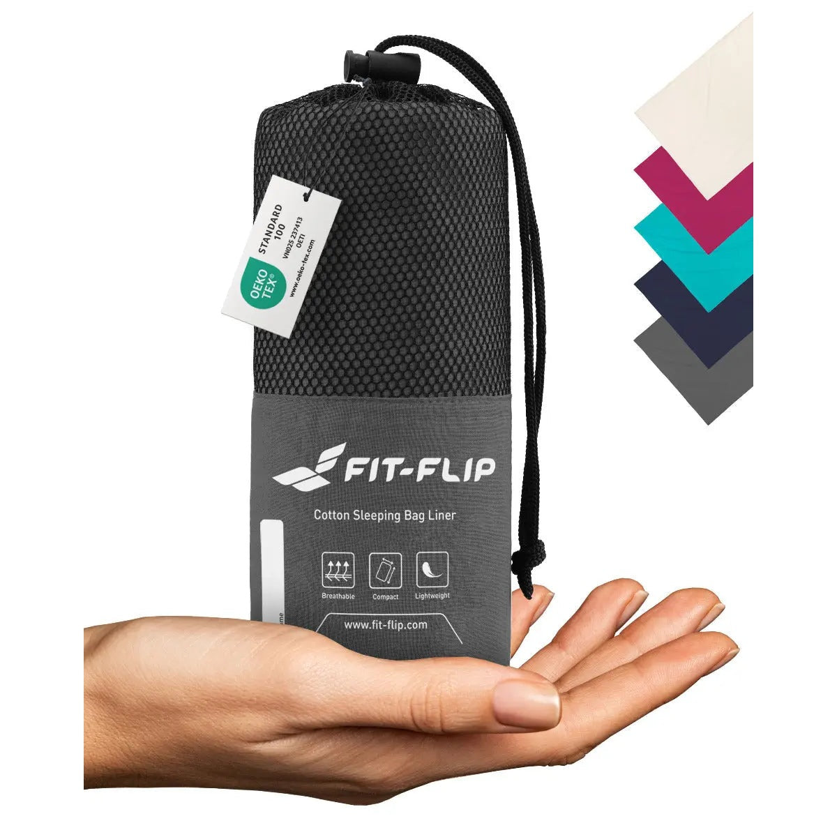 Hüttenschlafsack Baumwolle ultraleicht mit Kissenfach 90x220cm dunkelgrau von Fit-Flip