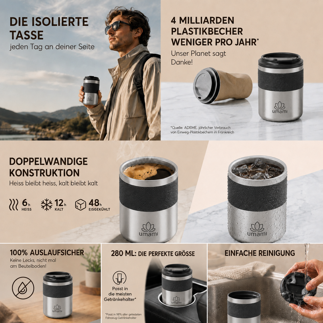 Thermobecher Schwarz & Metall 280 ml von Umami