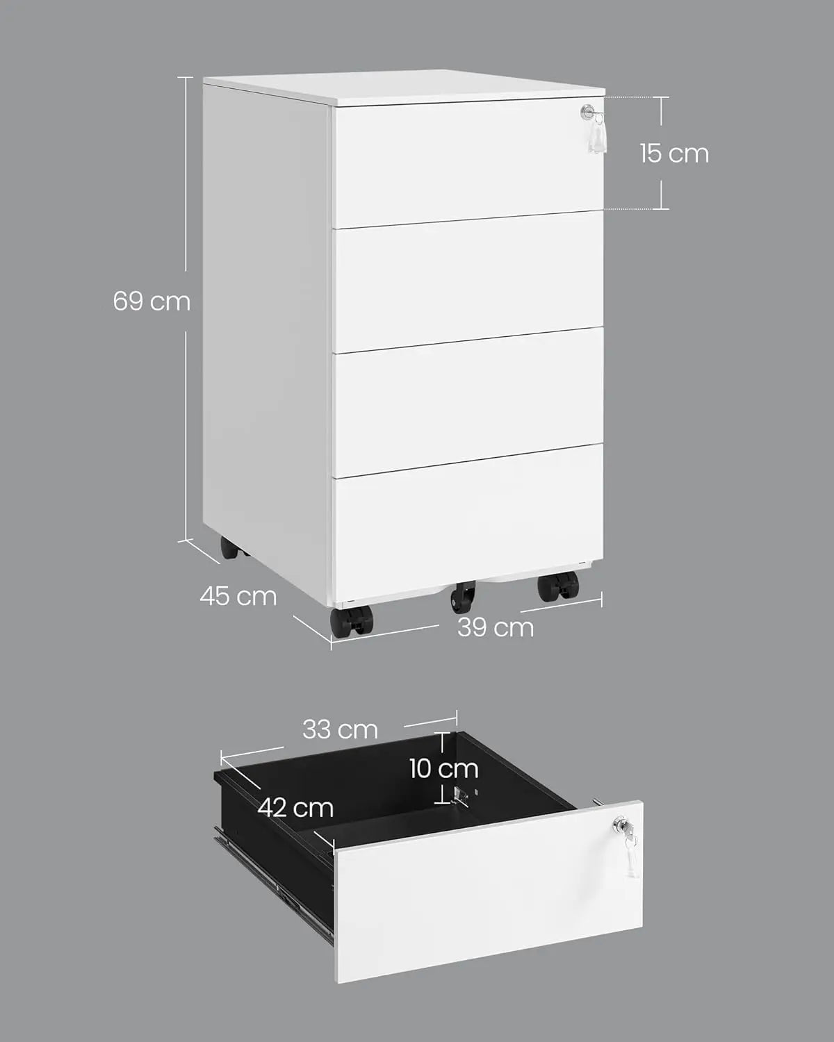 Rollcontainer Metall abschliessbar wolkenweiss 4 Schubladen von Songmics
