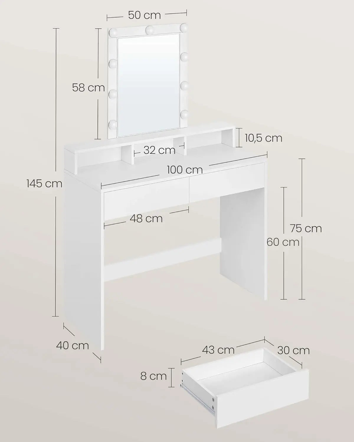 Schminktisch LED Beleuchtung Spiegel Schubladen, 100 x 40 x 145 cm, Weiss von Songmics