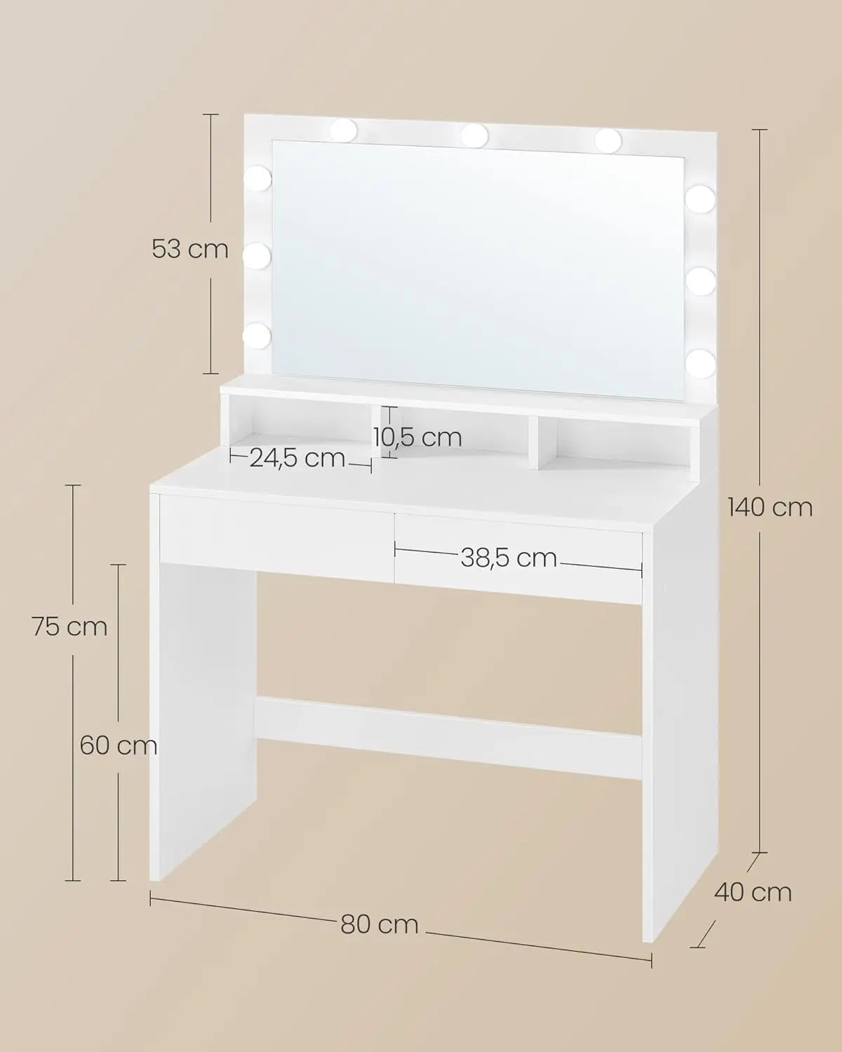 Schminktisch LED Beleuchtung Spiegel Schubladen Weiss von Songmics