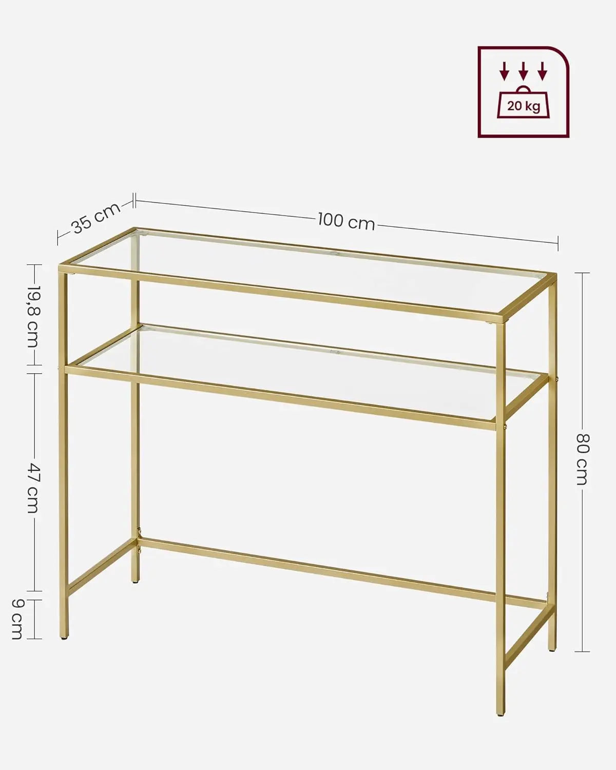 Konsolentisch Hartglas Modern Verstellbar Wohnzimmer Goldfarben von Songmics