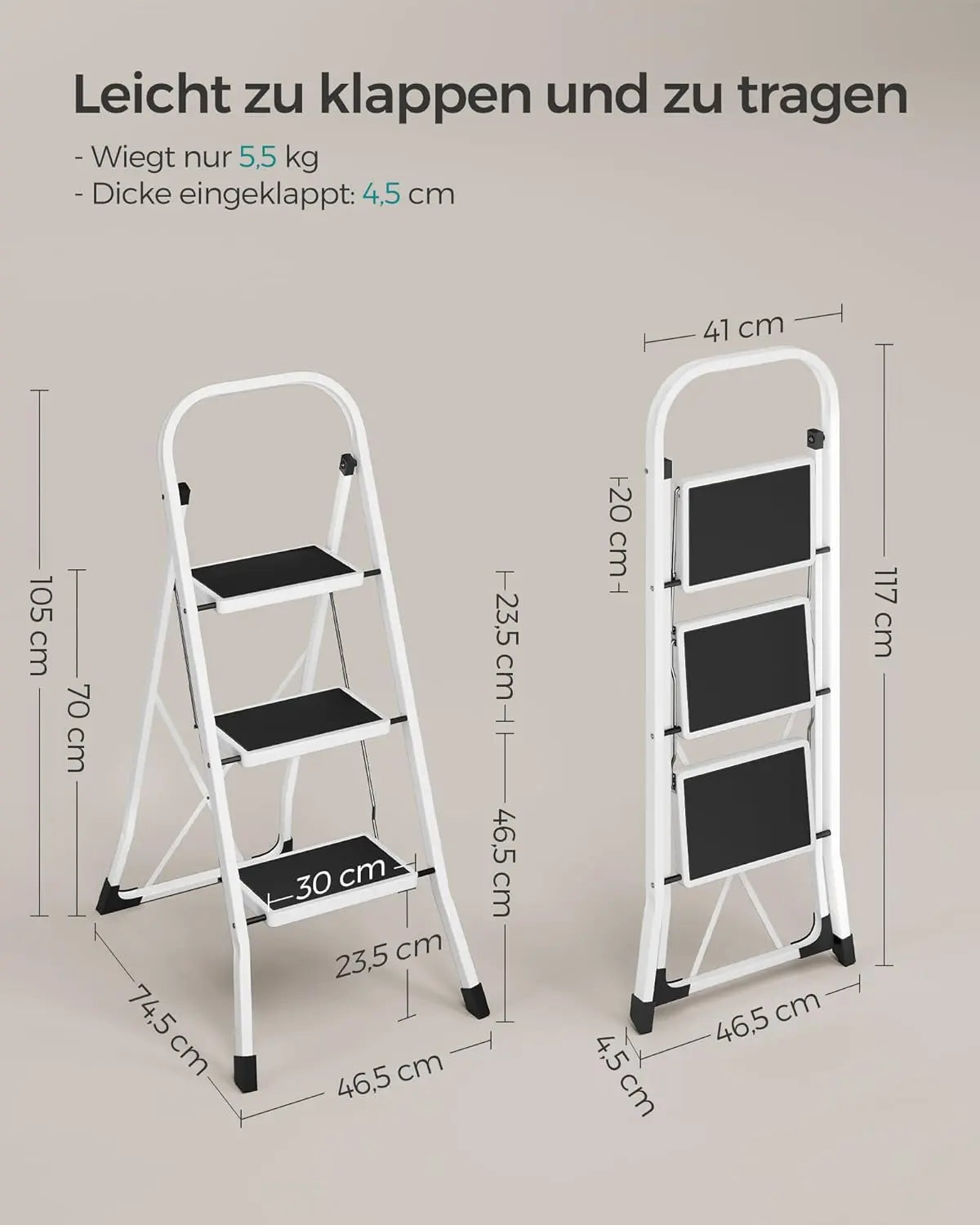 Trittleiter Klappbar 3 Stufen 150kg Weiss von Songmics