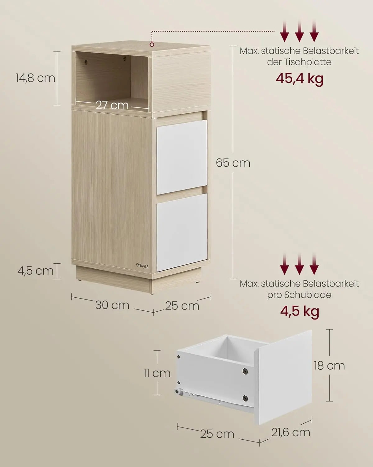 Nachttisch schmal 2 Schubladen naturbeige von Songmics