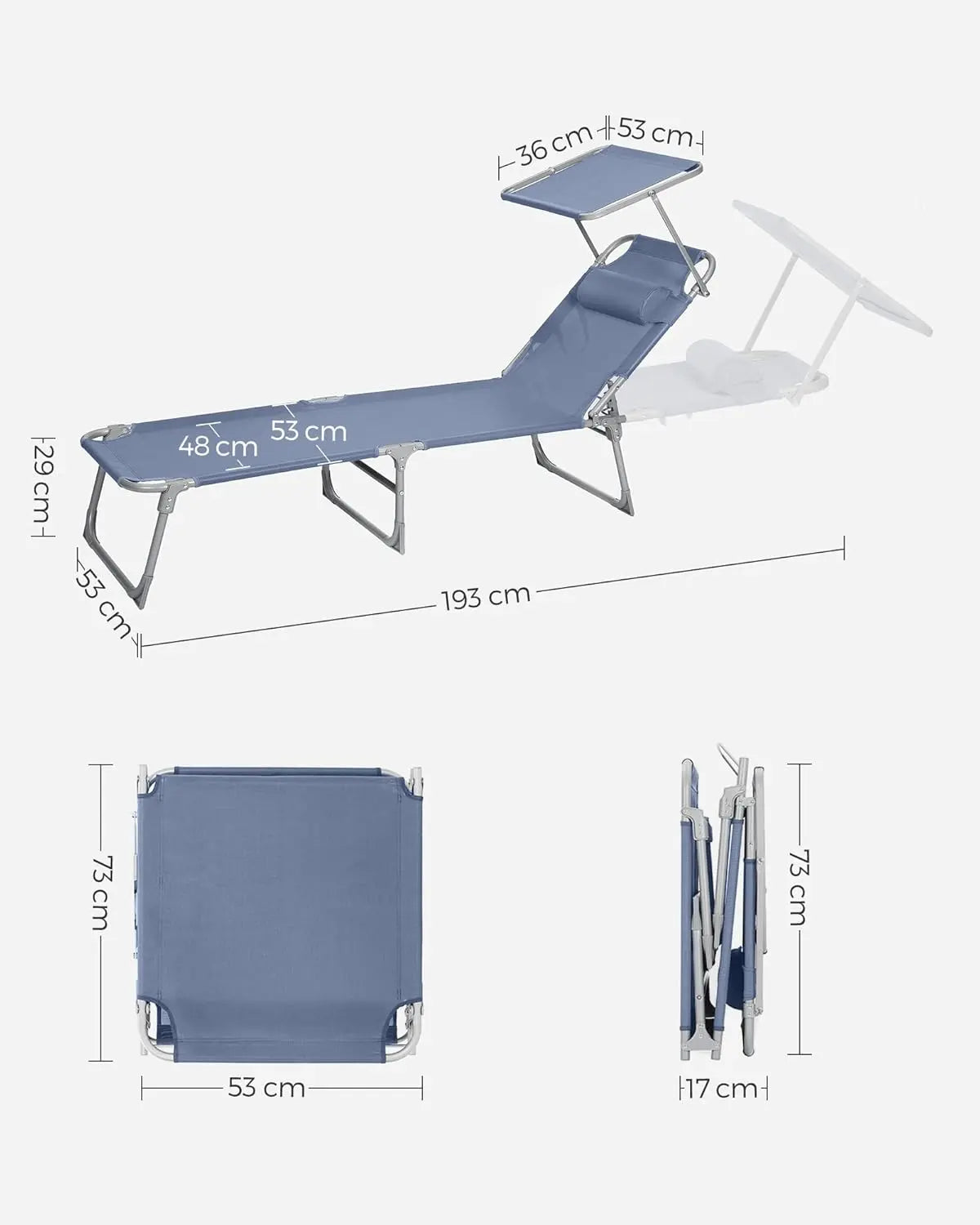 Sonnenliege klappbar mit Kopfkissen 150kg blau Stahl von Songmics