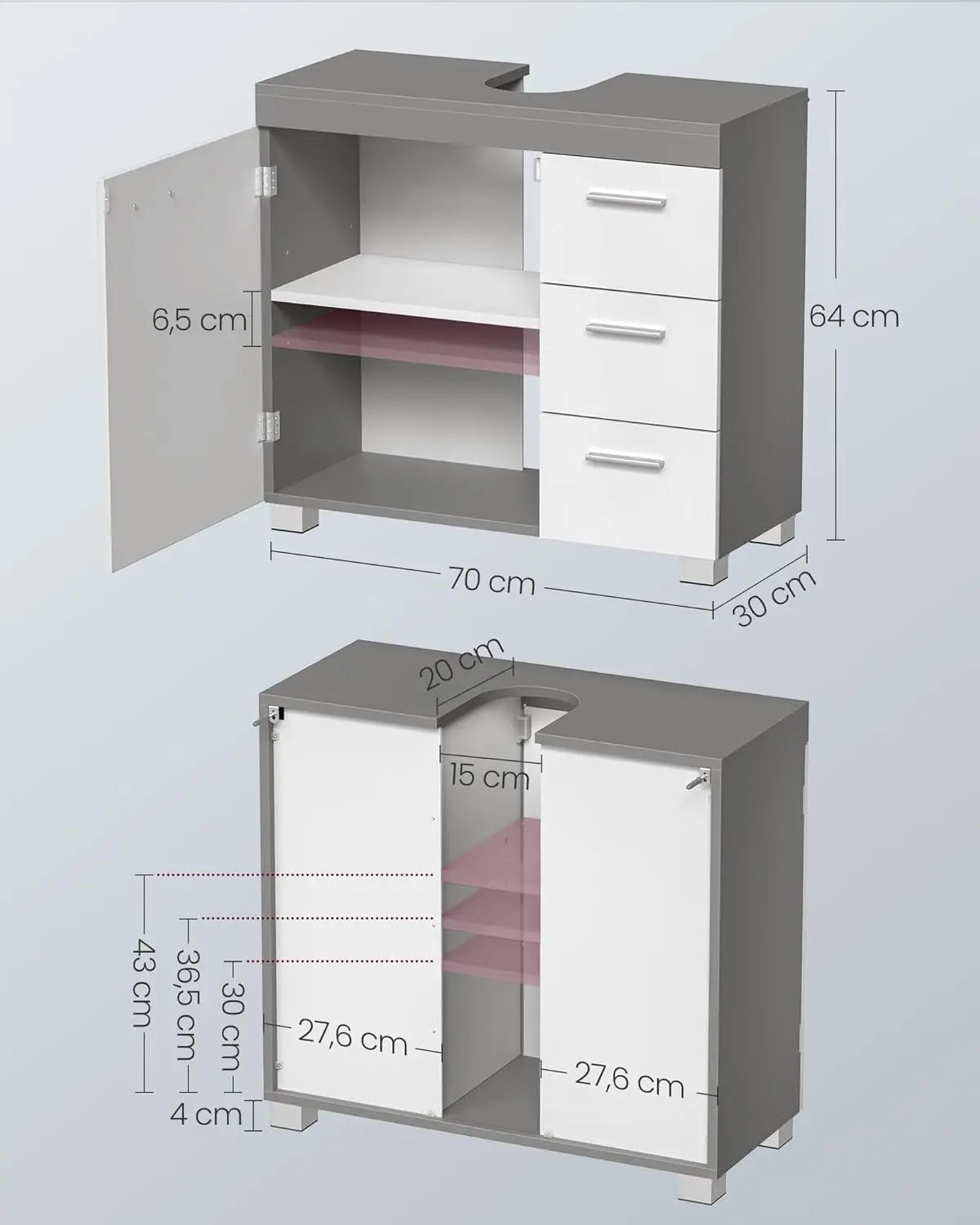 Badezimmerschrank 3 Schubladen Wolkenweiss Zementgrau von Songmics