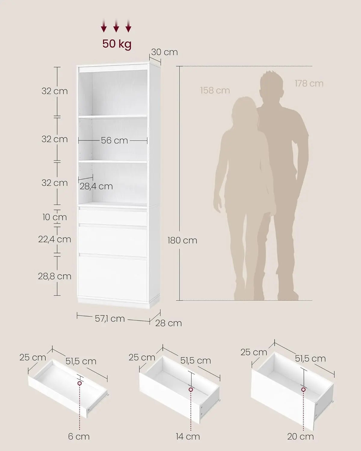 Hochschrank Bücherregal weiss 3 Schubladen Holz von Songmics
