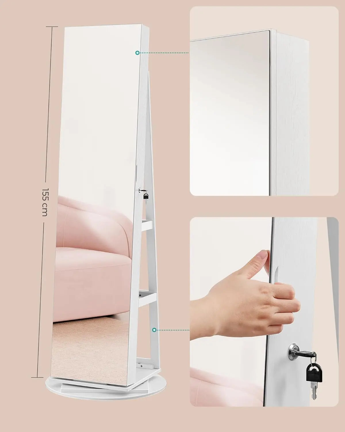 Schmuckschrank drehbar Spiegel weiss Holz von Songmics