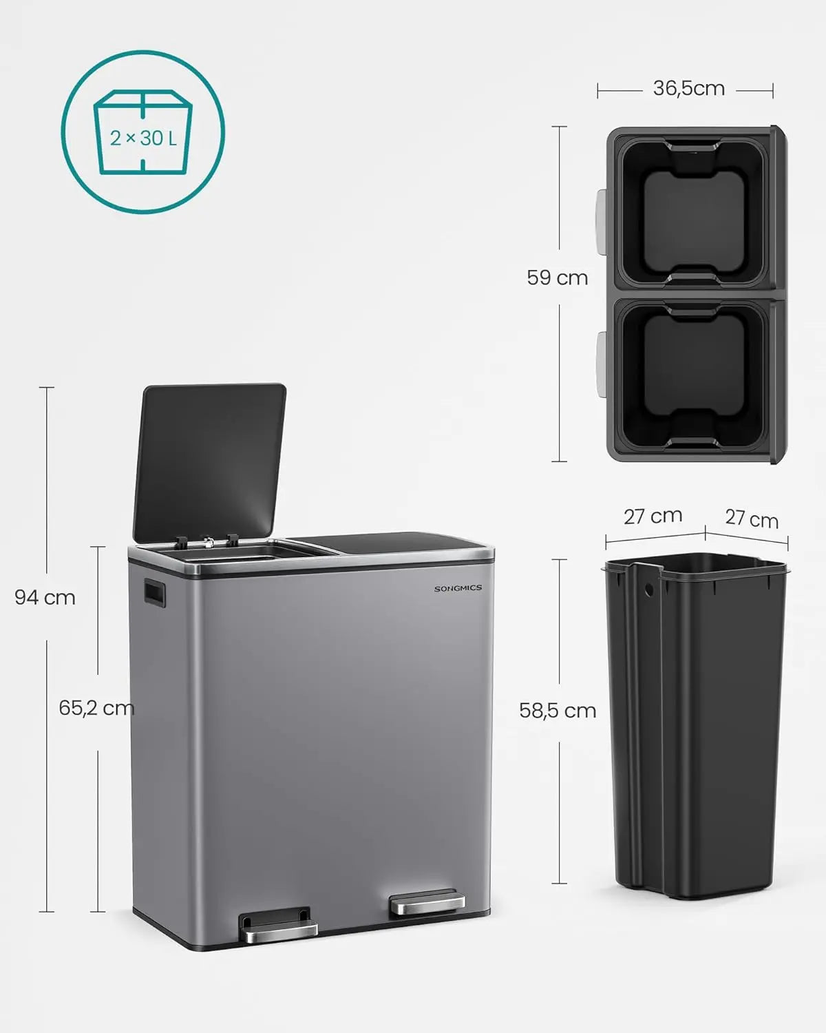 Treteimer 60L Mülltrennsystem Schiefergrau Metall von Songmics