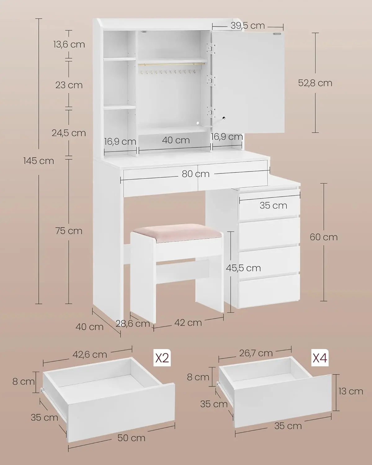 Schminktisch mit Hocker LED Beleuchtung Spiegel Schubladen Weiss von Songmics