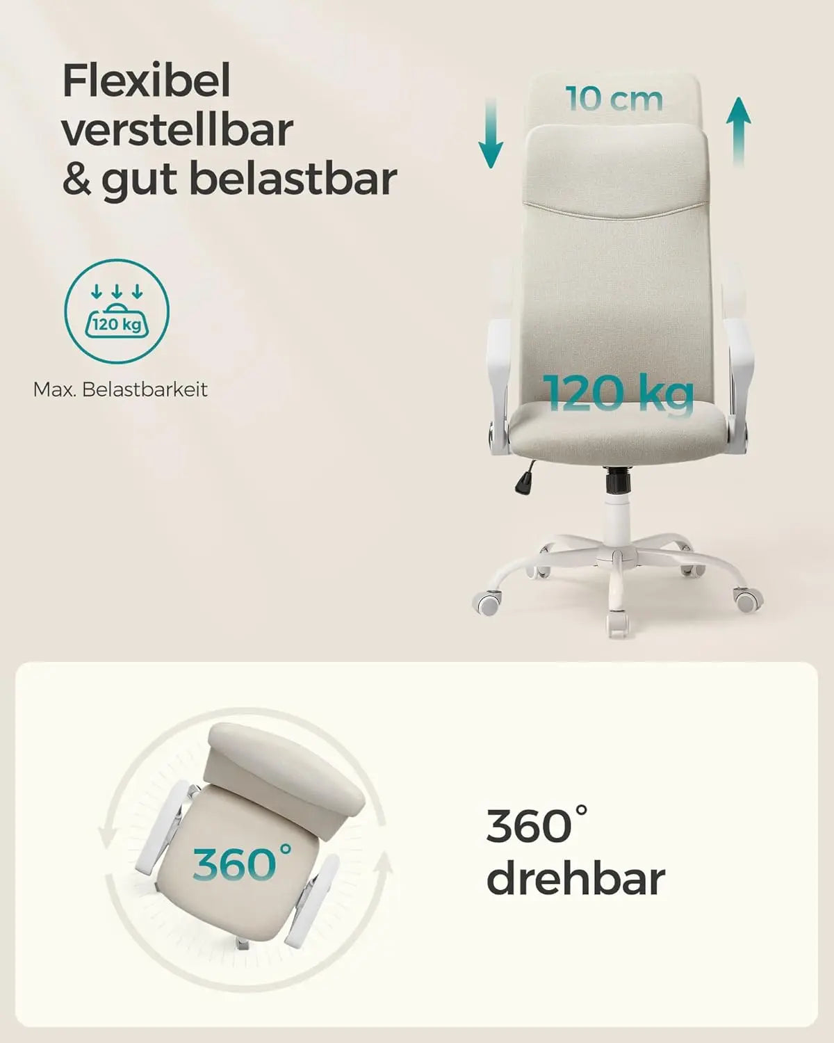 Bürostuhl ergonomisch höhenverstellbar gepolstert cappuccinobeige von Songmics