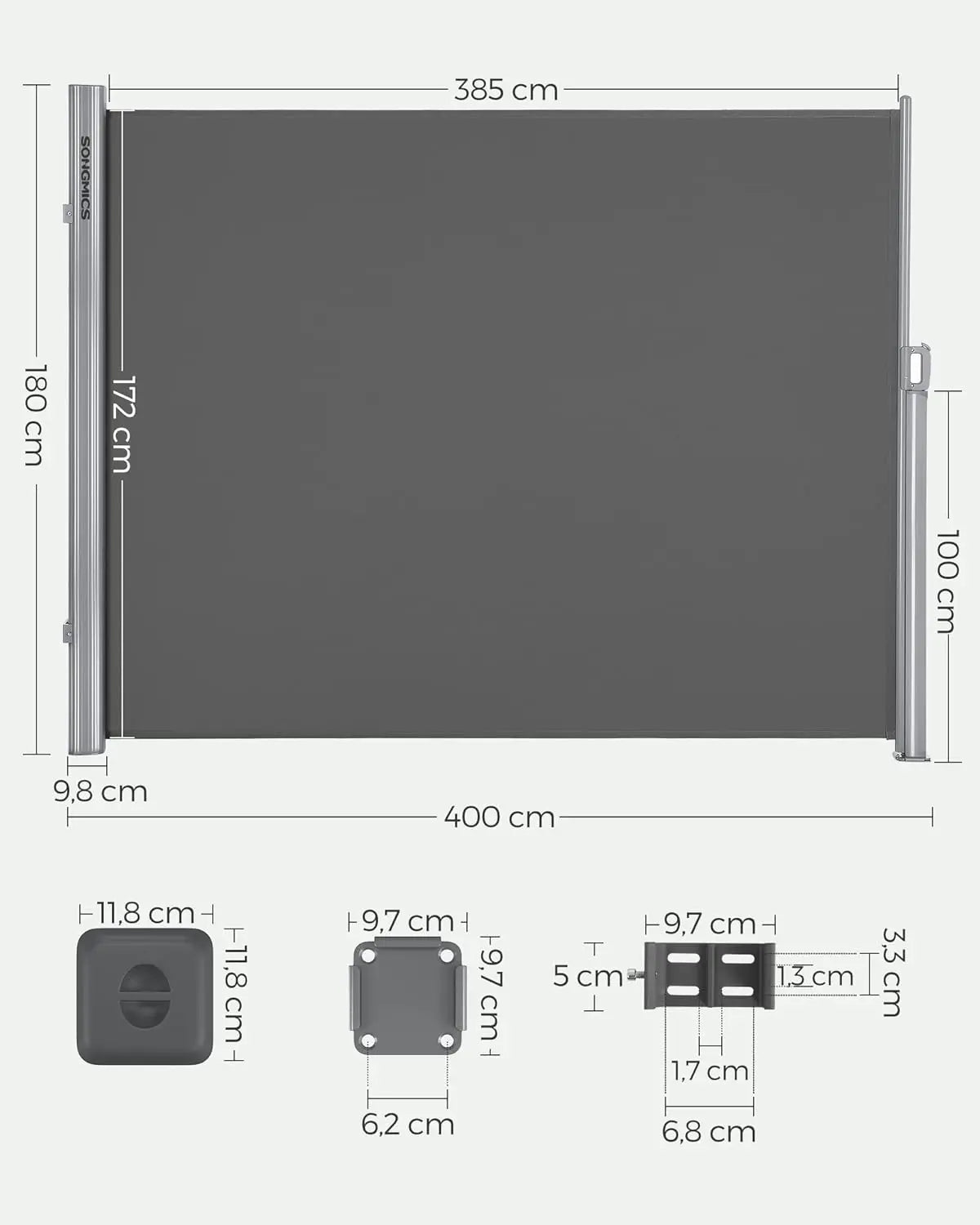 Seitenmarkise ausziehbar 180x400cm anthrazit Alu von Songmics