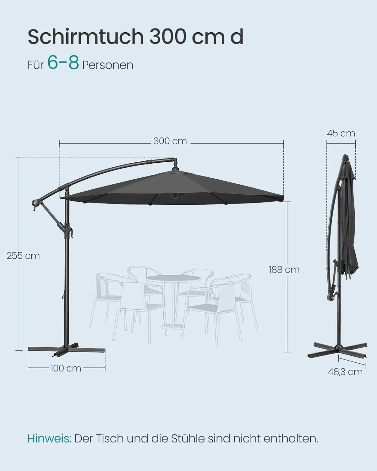 Ampelschirm 300cm UV-Schutz grau von Songmics