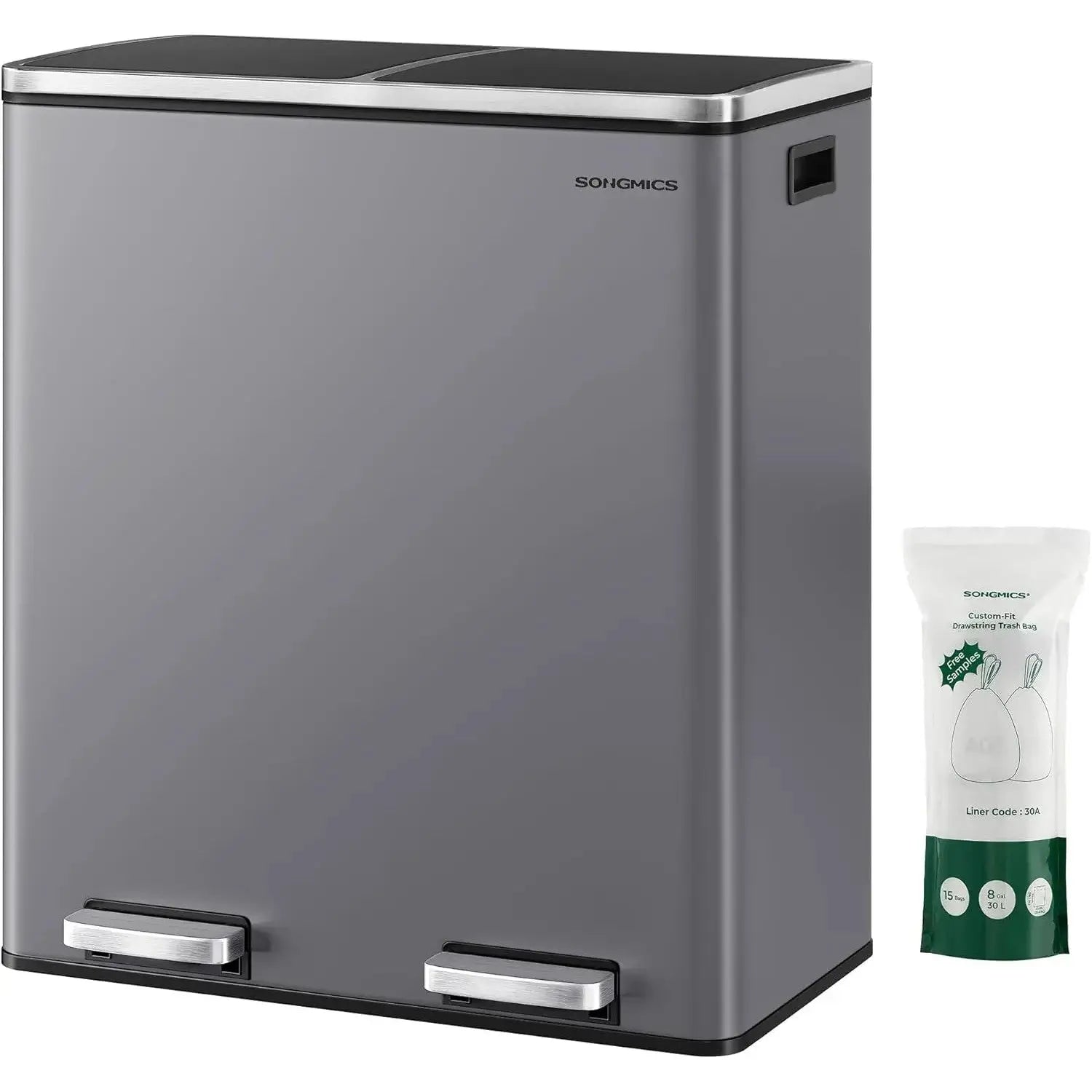 Treteimer 60L Mülltrennsystem Schiefergrau Metall von Songmics