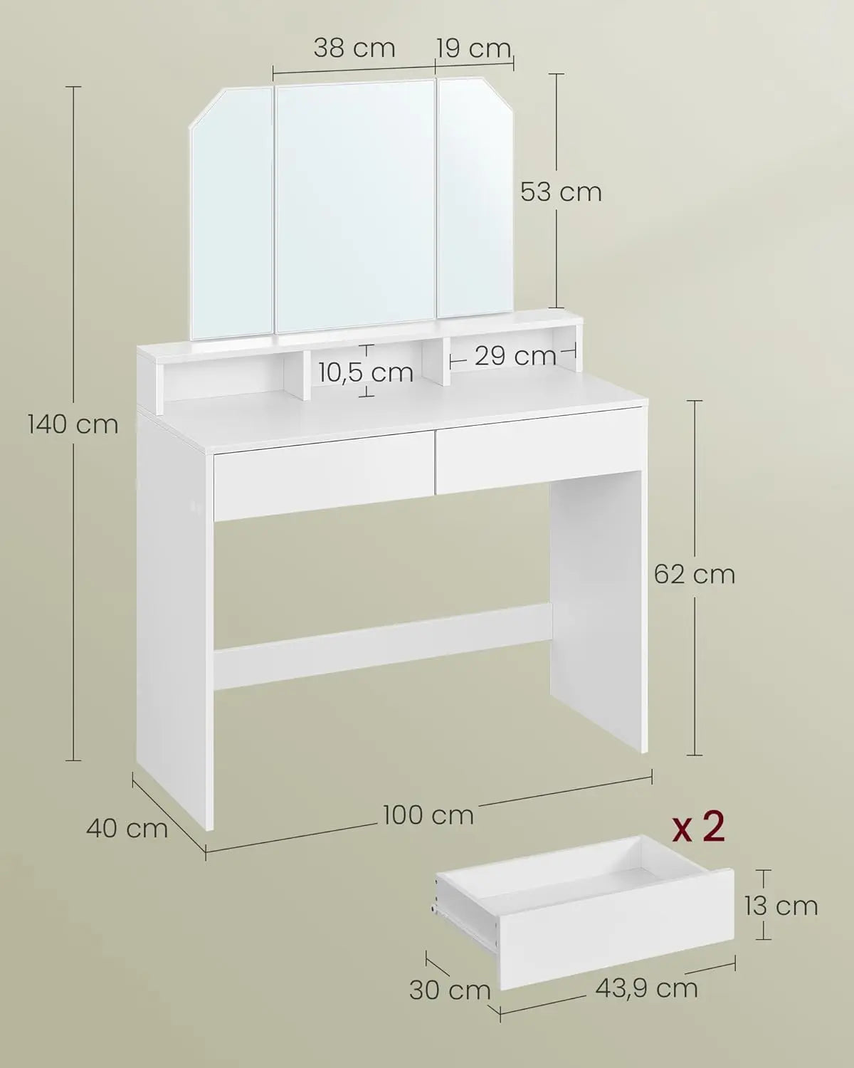 Schminktisch Klappspiegel Schubladen Modern Weiss von Songmics