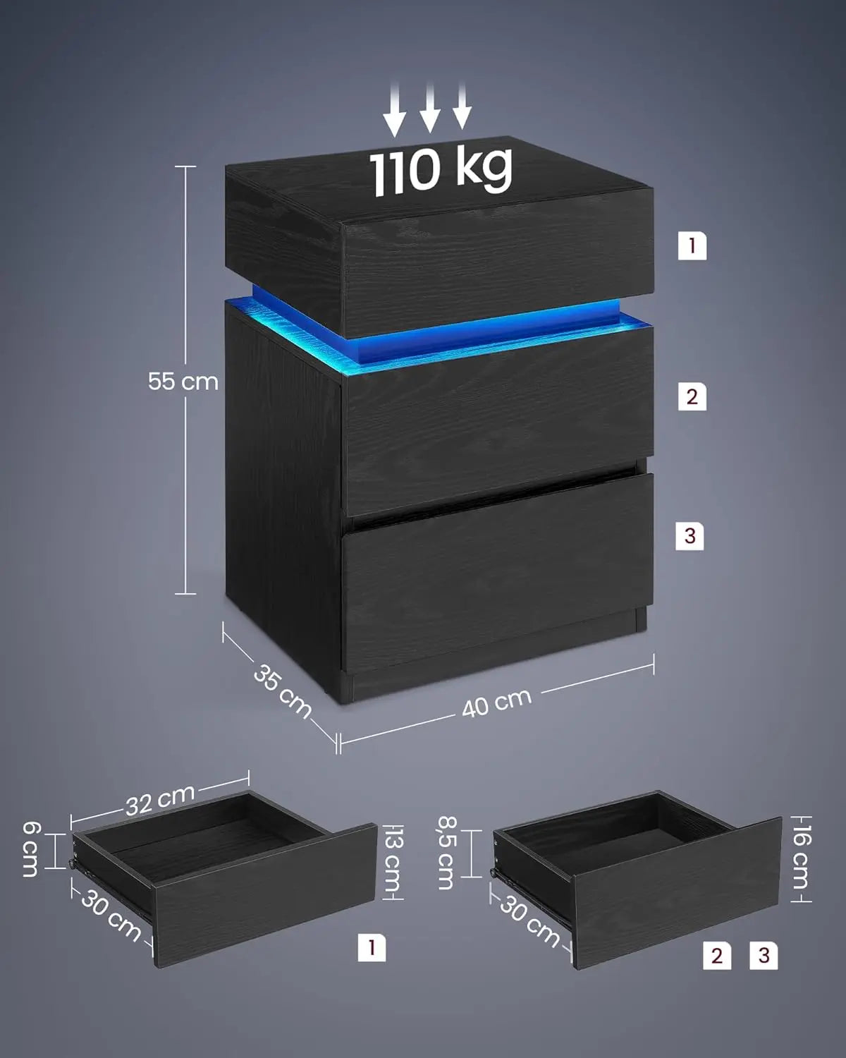 Nachttisch LED-Beleuchtung 3 Schubladen Schwarz von Songmics