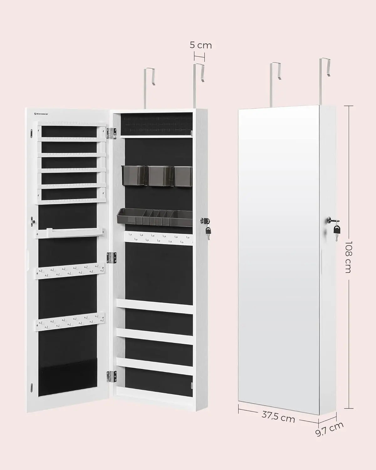 Schmuckschrank hängend abschliessbar Spiegel weiss von Songmics
