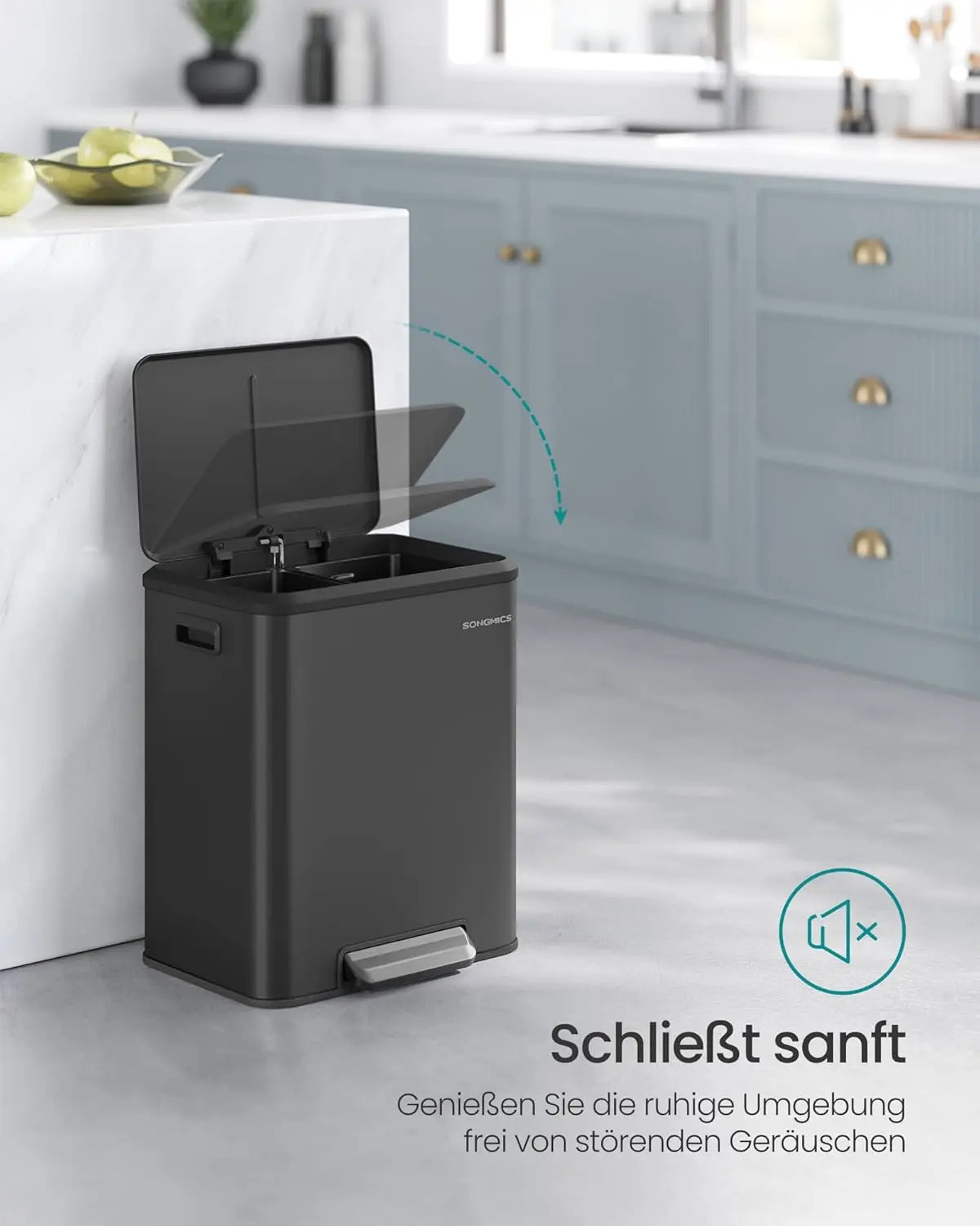 Abfalltrennsystem 2x15L Softclose Stahl Schwarz von Songmics
