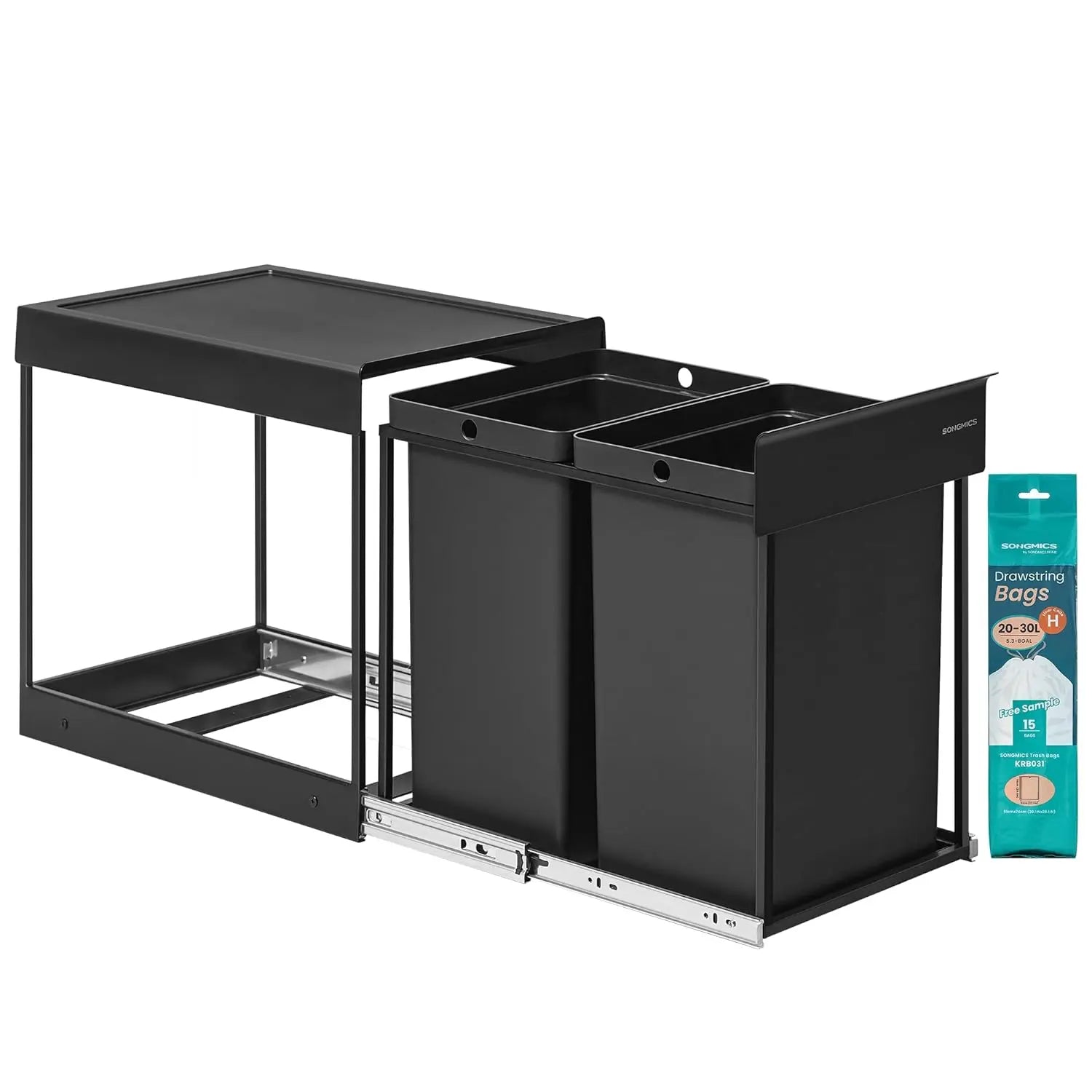 Mülltrennsystem ausziehbar 2x20L schwarz Stahl von Songmics