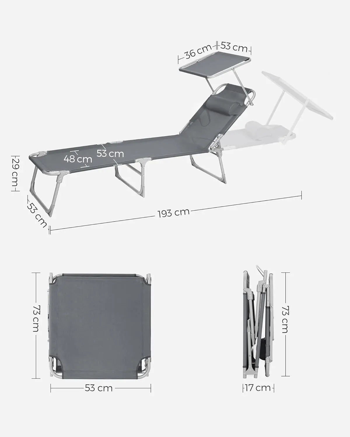 Sonnenliege klappbar 150kg dunkelgrau Stahl von Songmics
