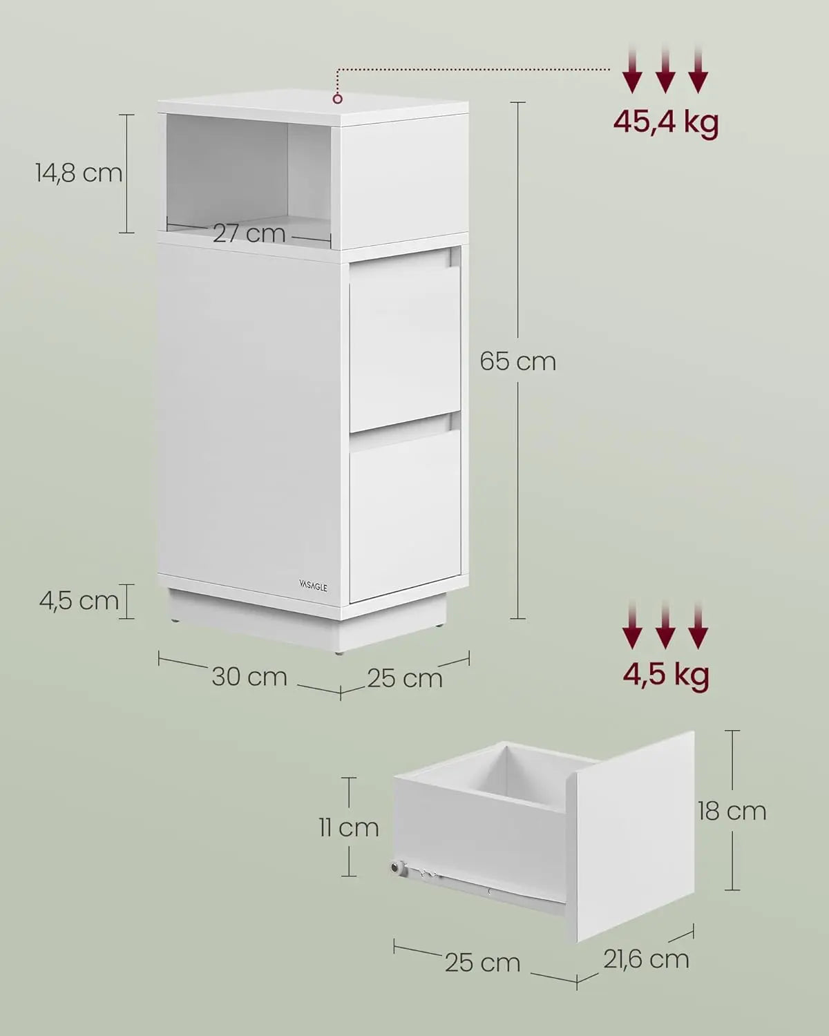 Nachttisch schmal 2 Schubladen Weiss Holz von Songmics