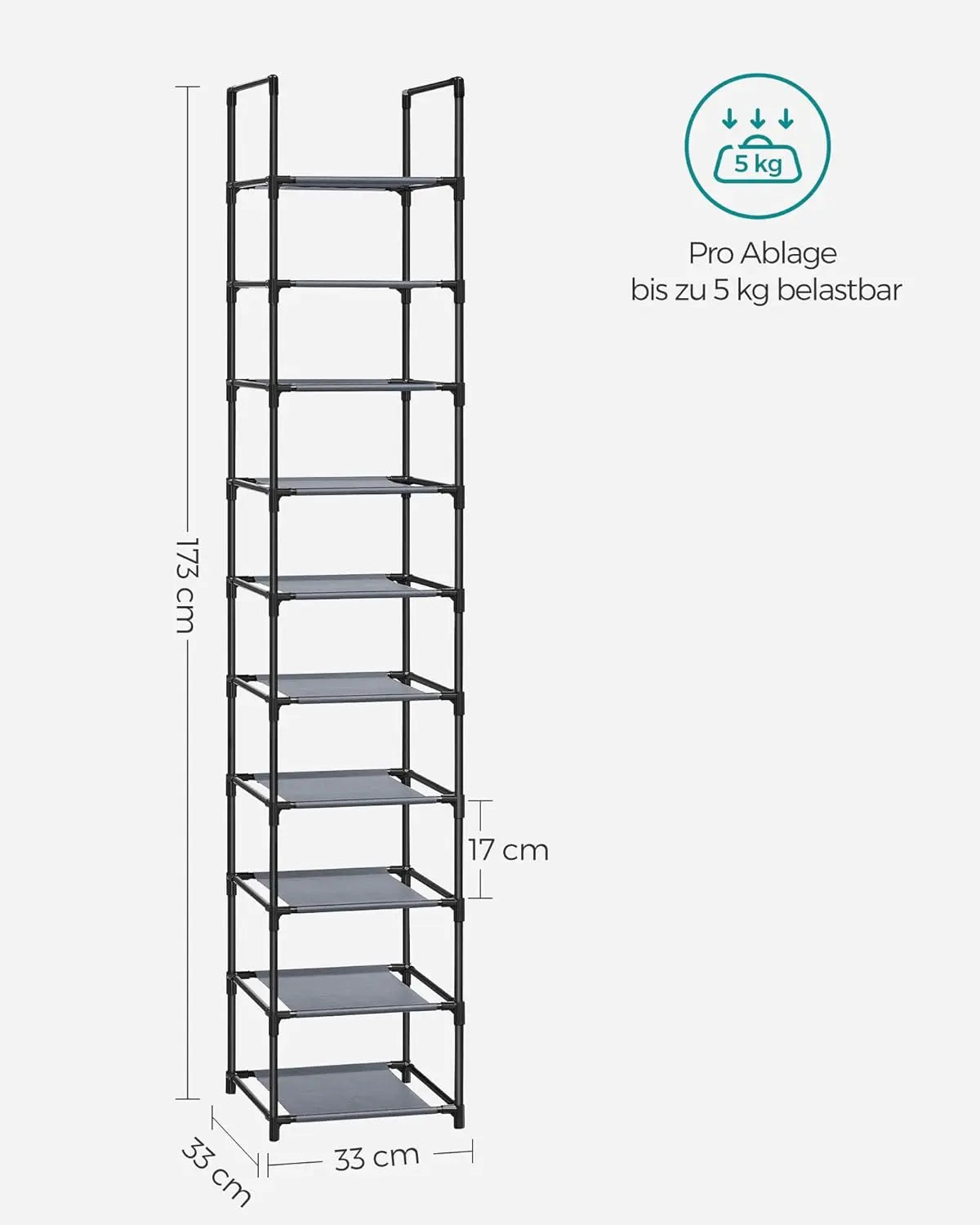 Schuhregal 10 Ebenen 33 cm breit grau Metall von Songmics