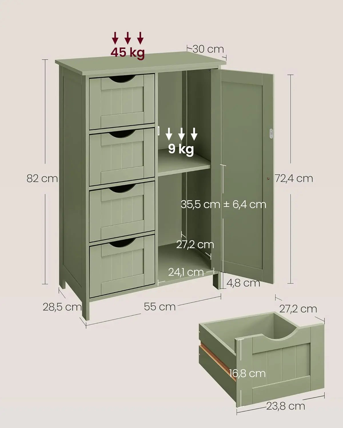 Badezimmerschrank schmal lorbeergrün 4 Schubladen von Songmics
